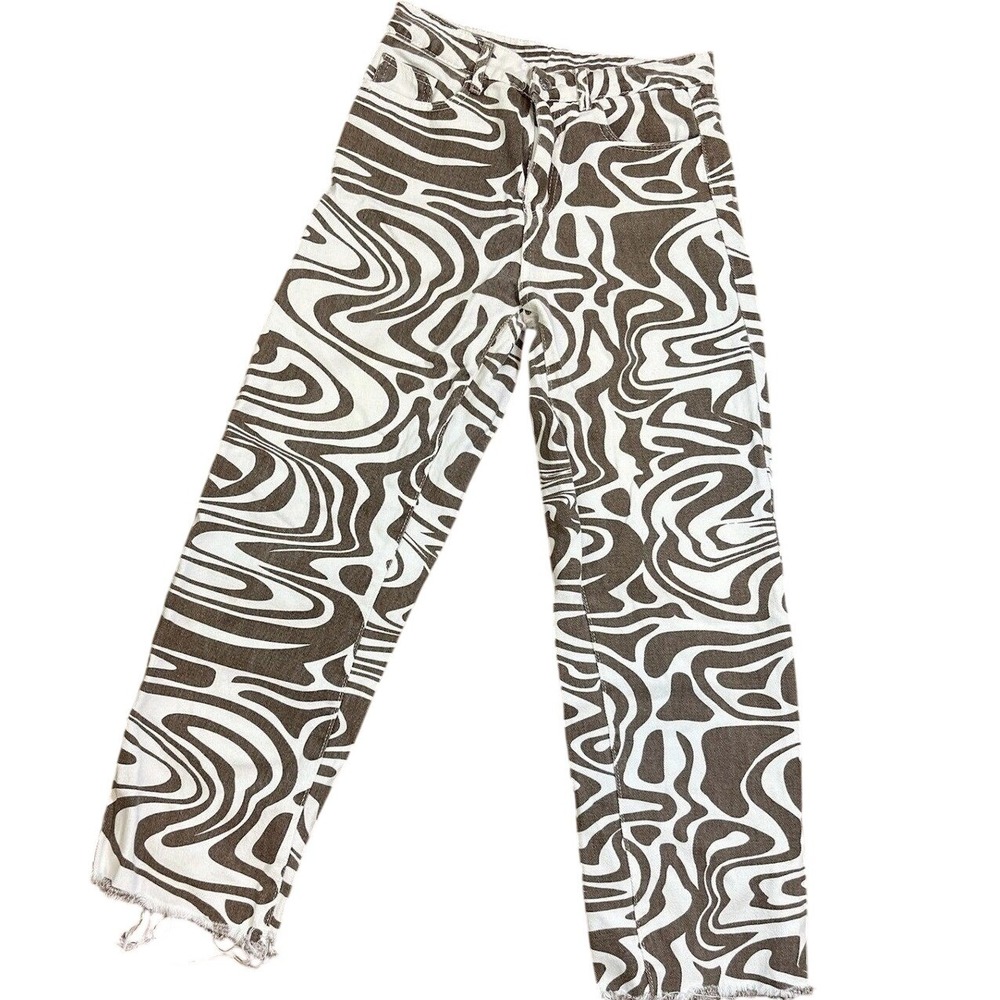 SHEIN Brown White Psychedelic Swirl Hi Rise Straight‎ Leg Raw Hem Jeans Size S 4